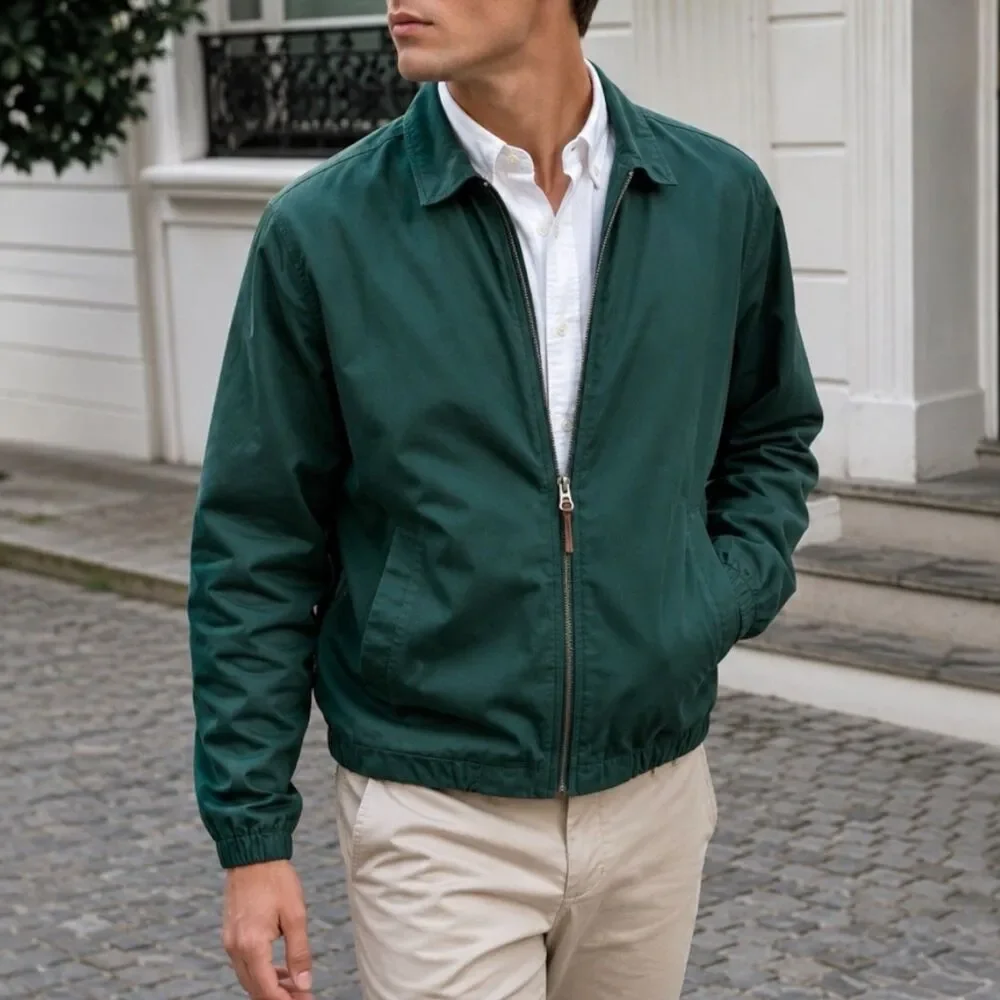 J Crew Harrington Jacket Mens L Green Cotton Twill Chore Collared Full Zip